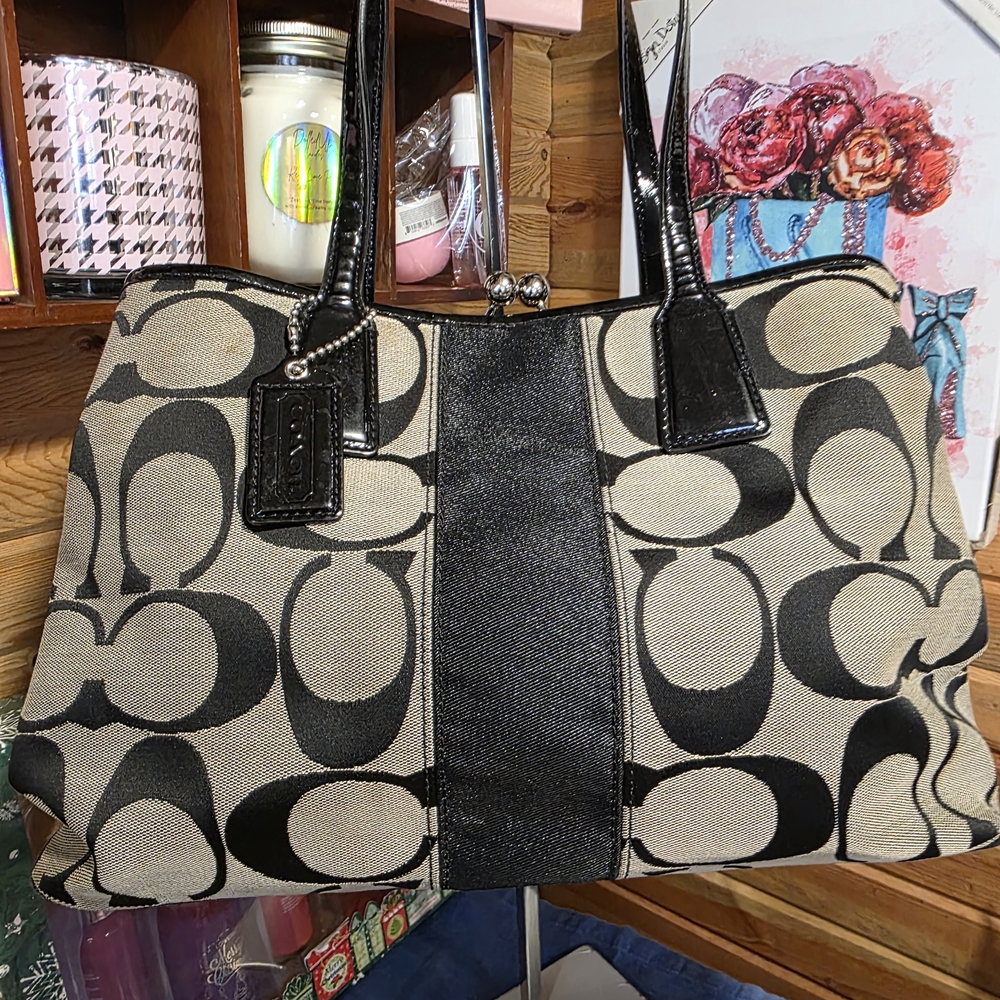 Coach Black and Tan Signature Tote Bag